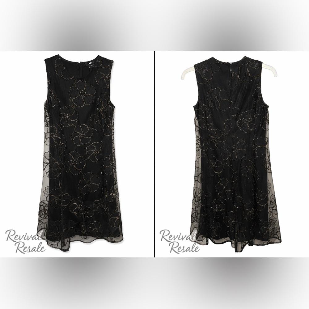 DKNY Black Gold Floral Overlay Cocktail Semi Formal Dress Sleeveless‎ Medium - Picture 2 of 3